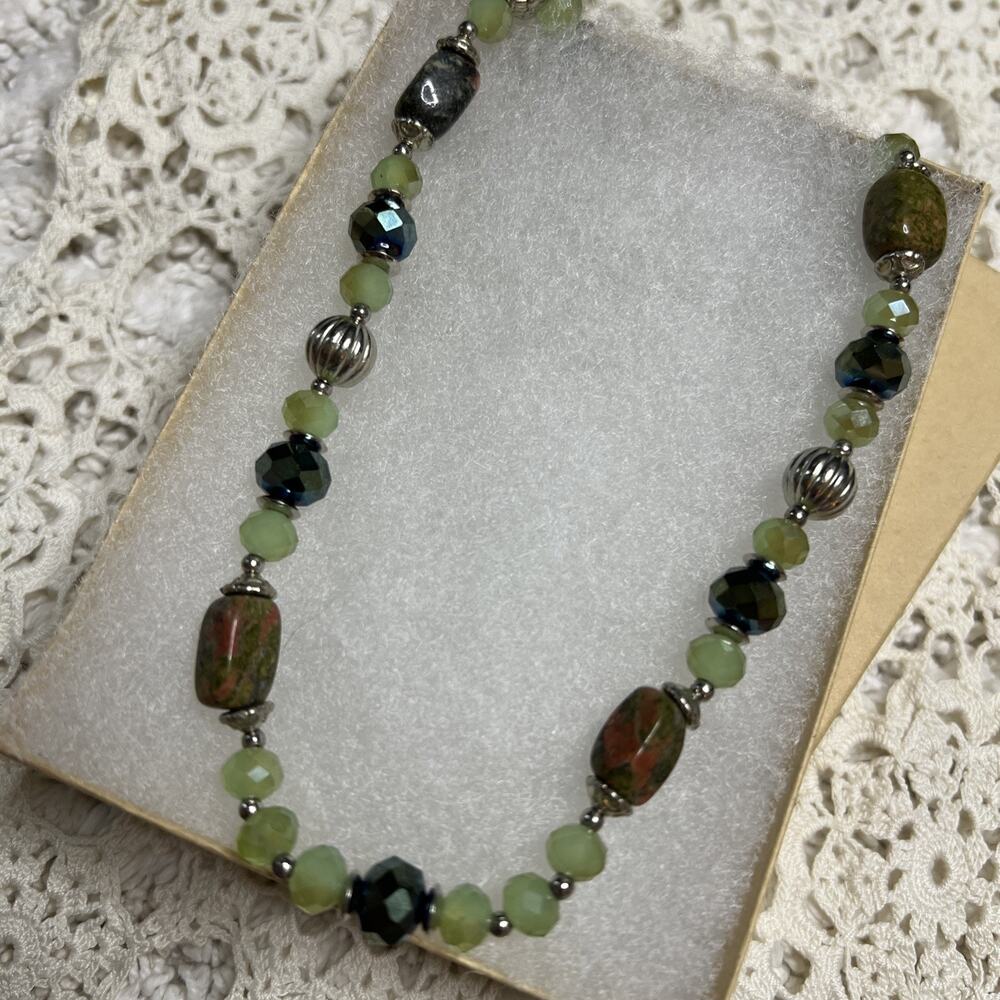 Genuine Unakite Necklace Glass and Silver Beads Handmade 20”